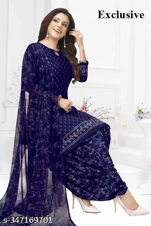 Crepe Printed unstitched suits for women, Navy Blue