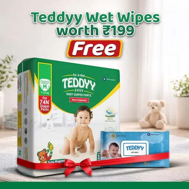 Teddyy Baby Pants Easy (Medium) 74 Pcs + Free Teddy Wet Wipes (With Lid) 72 Pcs