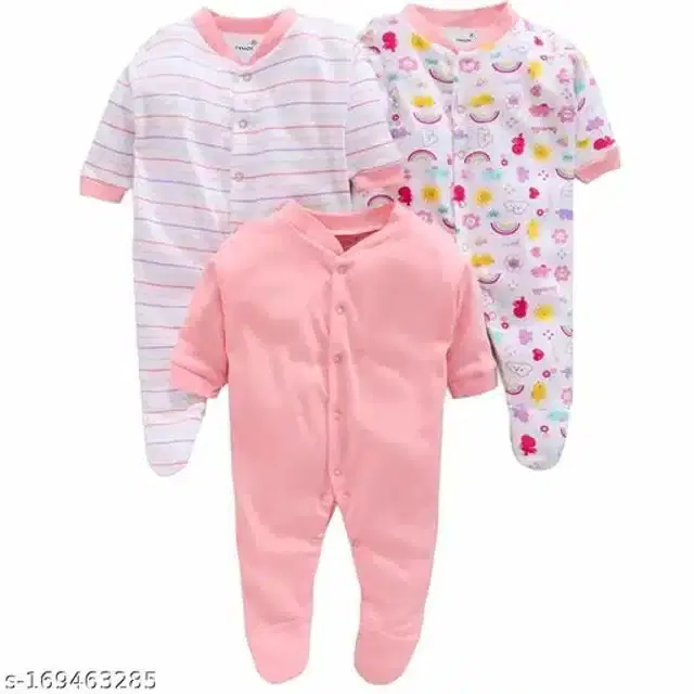 Cotton Rompers for Kids (Pink & White, 0-3 Months)