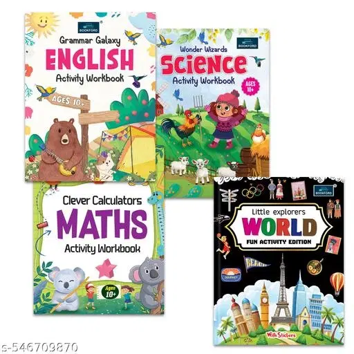 Little Explorers WORLD Fun Activity Edition with Stickers + Grammar Galaxy  English, Wonder Wizard Science & Clever Calculators Maths – Set of 4 Workbooks for Age 10+