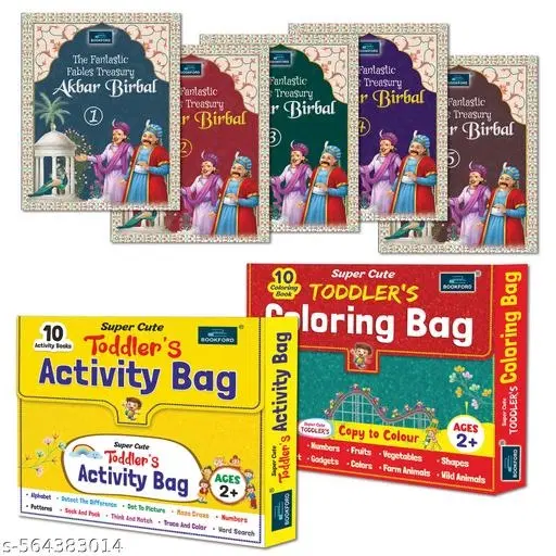 Super Cute Toddlers Activity Bag + Super Cute Coloring Bag + Akbar Birbal Story Book Series (1 to 5) (Set of 7) – Fun Activity & Moral Stories Combo for Kids