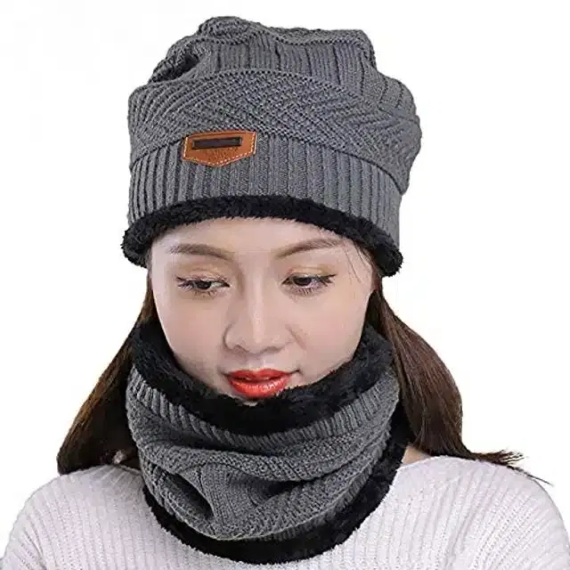 Spun Acrylic Solid Cap with Neck Warmer for Women, Grey (Set of 2)