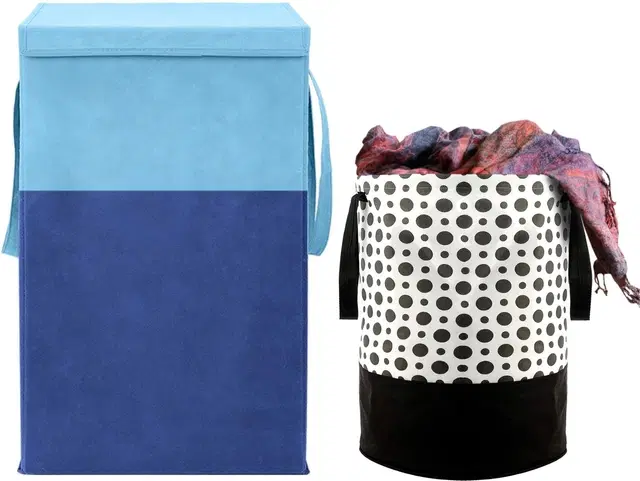 Canvas Laundry Basket,Blue & Black,  (Pack Of 2)