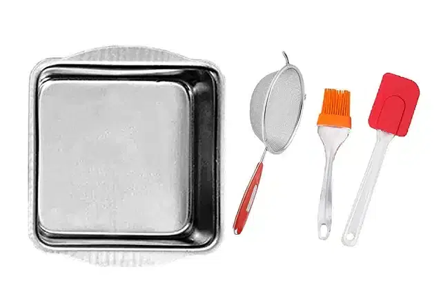 Aluminium Cake Mould with Stainless Steel Soup Strainer & Silicone Spatula Set, Pack of 4, Multicolor