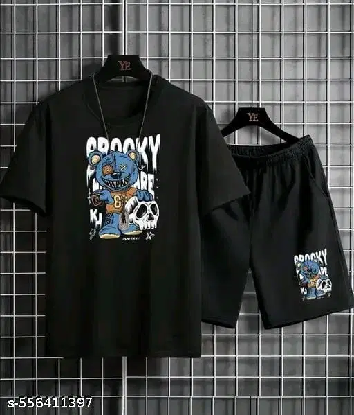 Cotton Blend Printed Top & Bottom Set for Men, Black (M)