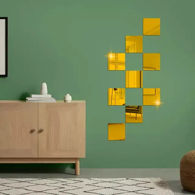 Acrylic Square Shaped Wall Mirror Stickers, Gold, Pack of 9