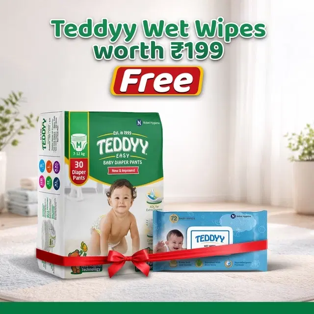 Teddyy Baby Easy Diapers Pants (Medium) 30 Pcs + Free Teddy Wet Wipes (With Lid) 72 Pcs