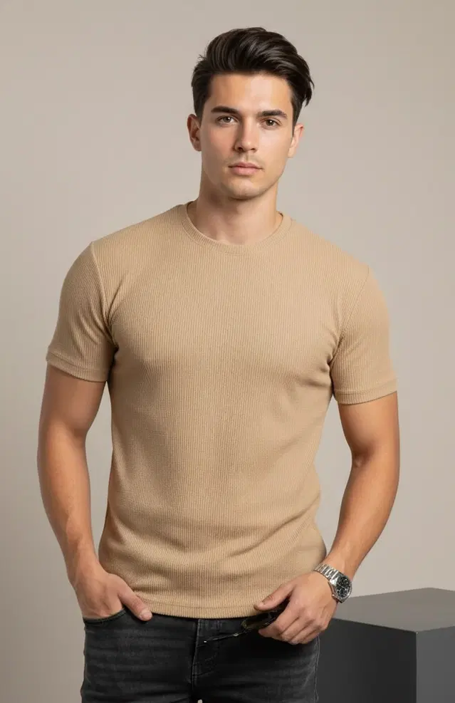 Polyester Round Neck T-shirt for Men, Beige (XL)