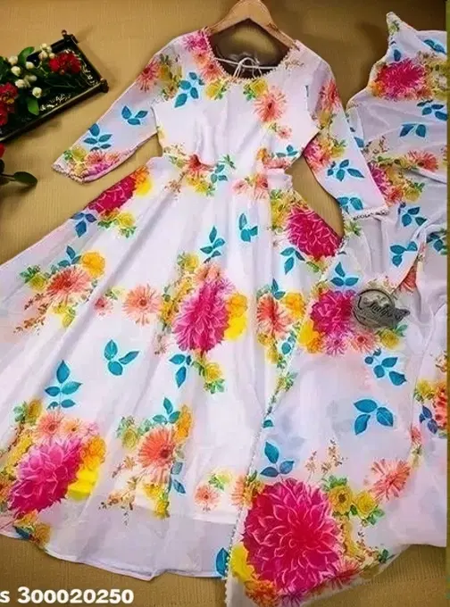 Georgette Printed Gown with Dupatta for Girls (Multicolor, XS)