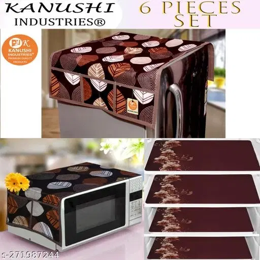 KANUSHI Industries® 1 Pc Microwave/Oven Top Cover + 1 Pc Fridge/Refrigerator Top Cover + 4 Fridge Mate(Color-Brown) (Micro+FRI-Brown-Long-LEVS+M-11-04)
