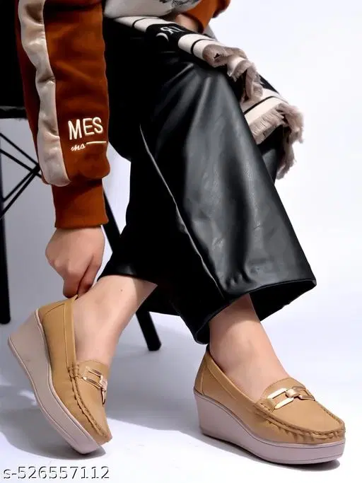 Solid Synthetic Loafers for Women (Beige, IND-3)