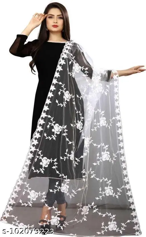 Floral Embroidered Net Dupatta for Women (White, Free Size)