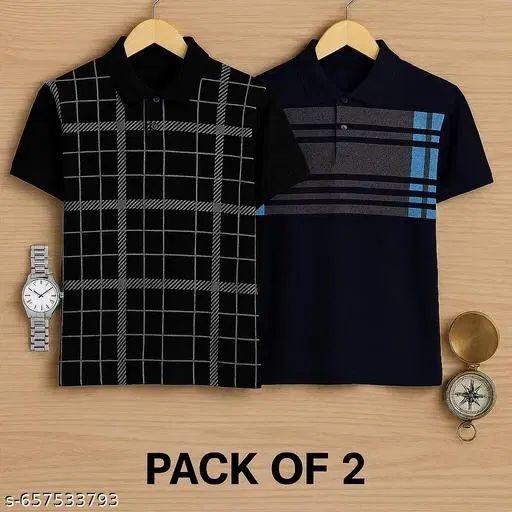 Cotton Blend Checks t-shirt for men, Black (3XL) Pack of 2