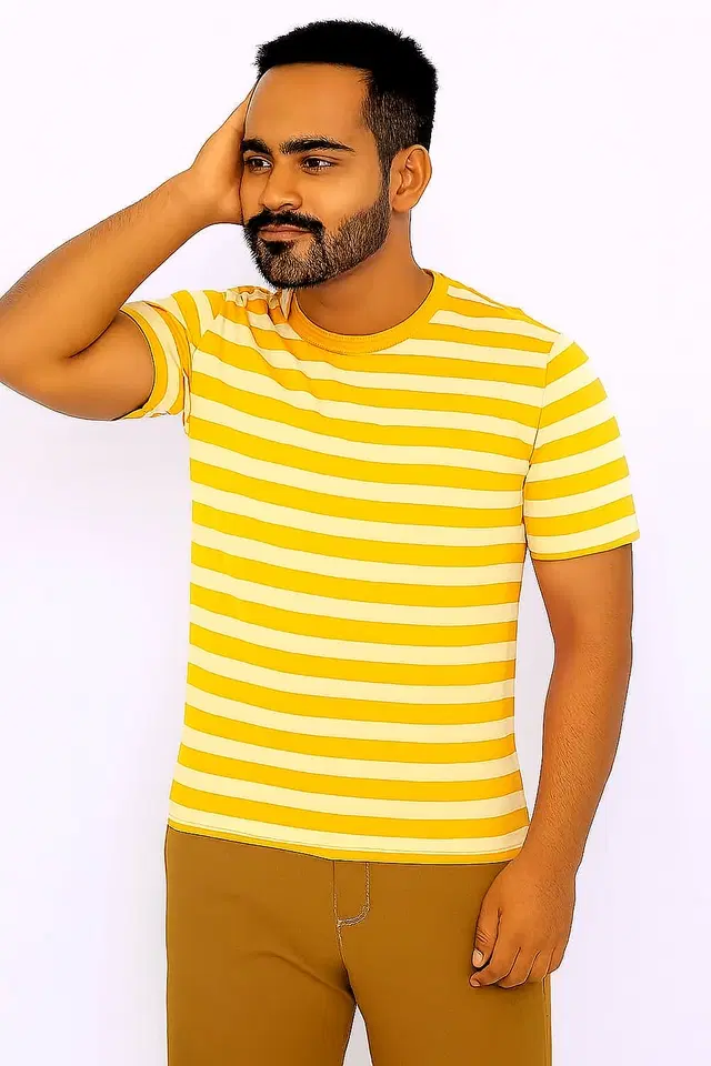 Cotton Stripes T-shirt for Men, Yellow (S)