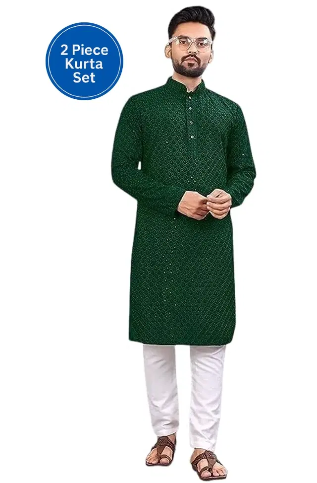 Cotton Blend Shiny Sequin Kurta for Men, Green (XXL)