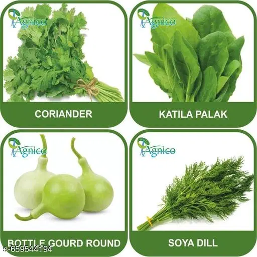 4 Vegetable Seeds Combo With Instruction Manual(Coriander/Katila Palak/Bottle Gourd Round/Soya Dill)