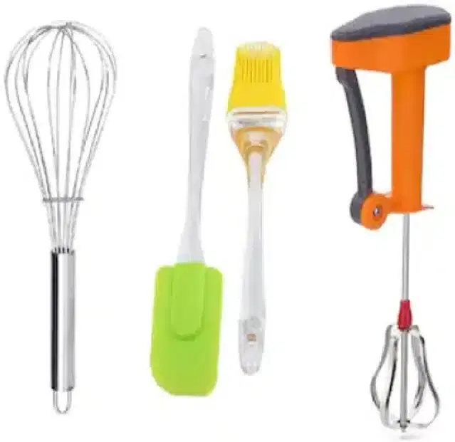 Combo of Spatula Set with Whisker & Hand Blender, Pack of 4, Multicolor