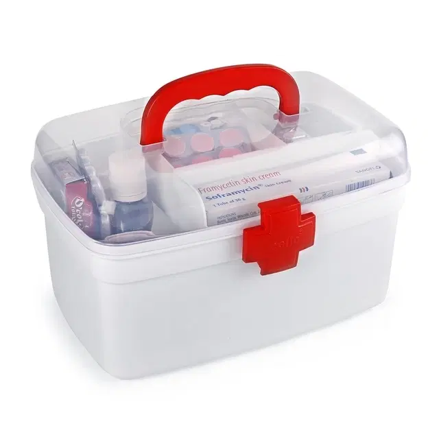Cello Medico First Aid Box Plastic | Tight Lock Mechanism With Convenient Handle | Multi-Purpose Box Suitable For Storing Medicines, Bandages, Ointments, & Medical Tools | White & Red