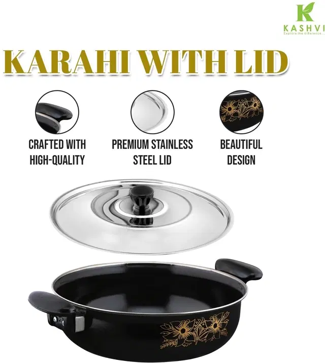 Cast Iron Kadai with Lid, Black & Silver, 28 cm