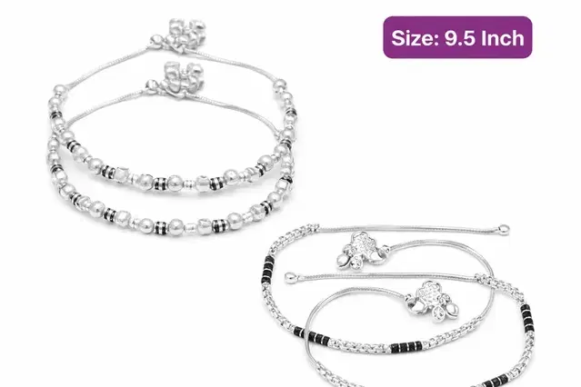 Silver Plated Metal Womens Anklets,Silver, Set of 2