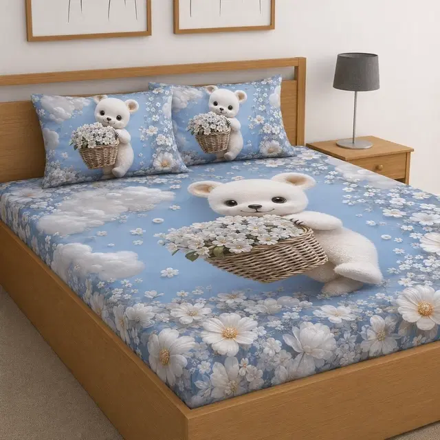 Premium 7D Cute Teddy Printed Bedsheet 90x100in