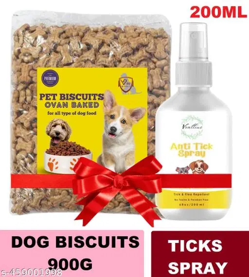 Dog Biscuits Bone Shape Real Milky Flavour Oven Baked (900g) With Anti ticks Spray for all type of pets (200ml) ,(Pack Of 1)