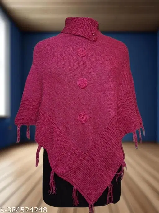 Woolen Poncho for Women (Dark Pink, Free Size)