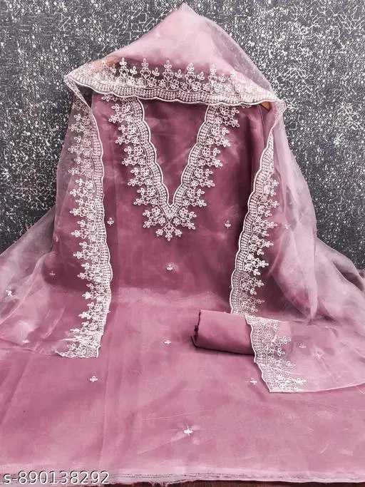 Organza Embroidered Onion Patiala Suits for Women (Pink, Un Stitched)