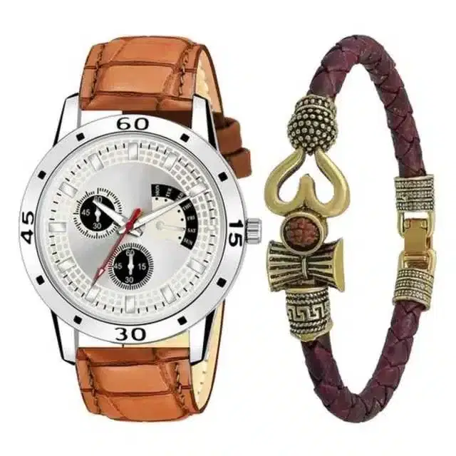 Casual Leather Analog Watch With Bracelet Men, Pack Of 2 (Tan) (MP-470)