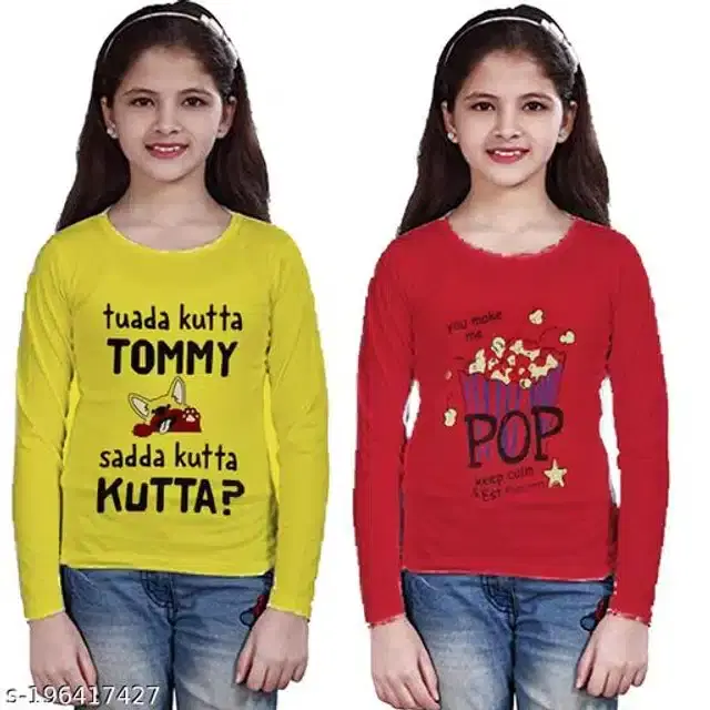 Cotton Full Sleeves T-Shirt for Girls, Pack of 2 (Yellow & Maroon, 6-7 Years)