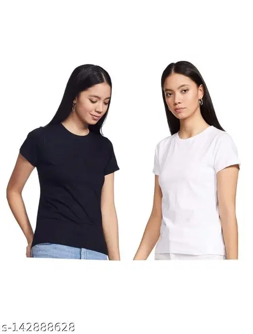 Cotton Solid T-Shirt for Women, Black & White, Pack of 2 (Free Size)