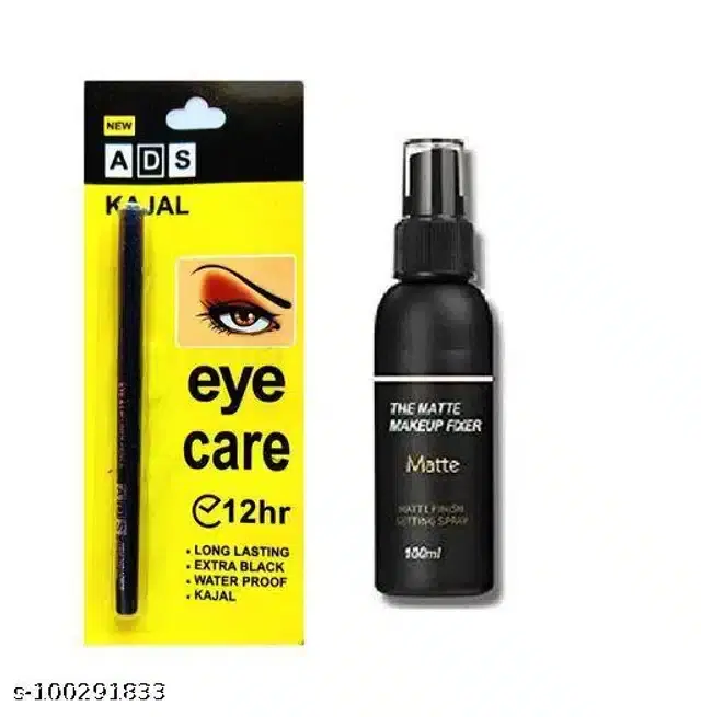ADS Waterproof Kajal with Face Makeup Fixer, 100 ml, Black, Set of 2