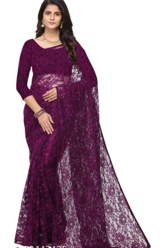 Net Solid Saree for Women (Purple, 6.3 m)