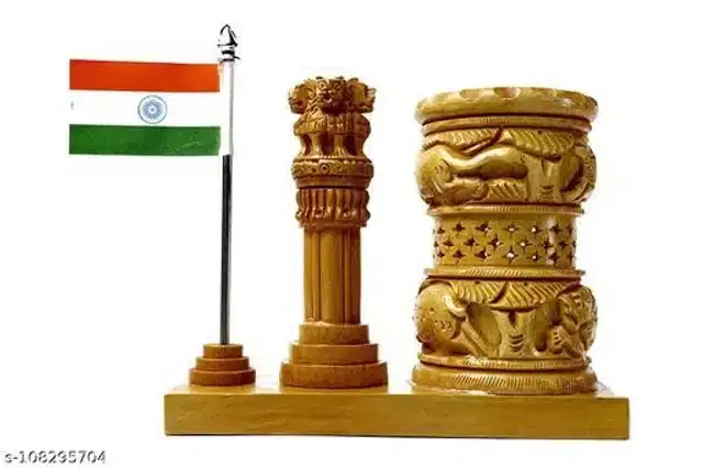Wooden Ashoka Stambh with Flag Stand, Brown