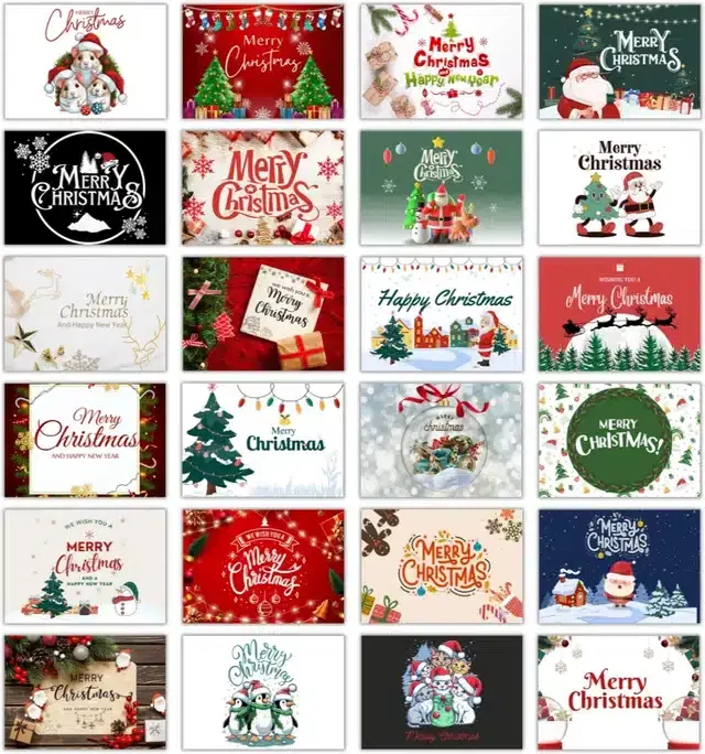 Merry Christmas Printed Cards with Envelopes, Multicolor, Set of 24