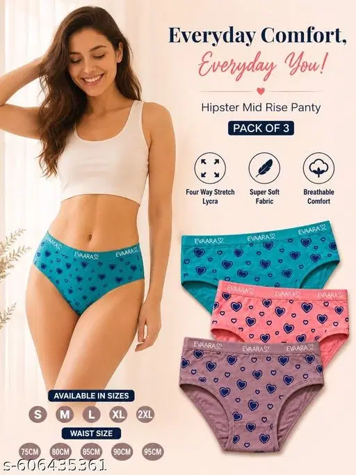 Pack of 3 Softy Heart Print Cotton Hipster Briefs for Women (Multicolor, 30)