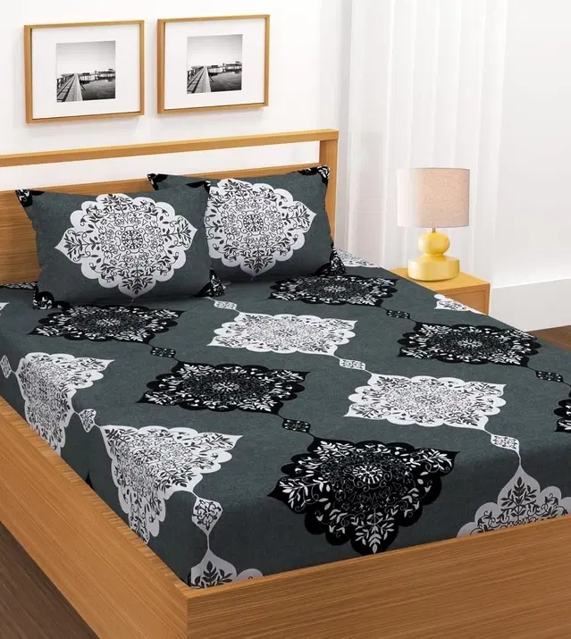 Glace Cotton Double Bedsheet Grey Abstract Print, Multicolour (88x90 inch)