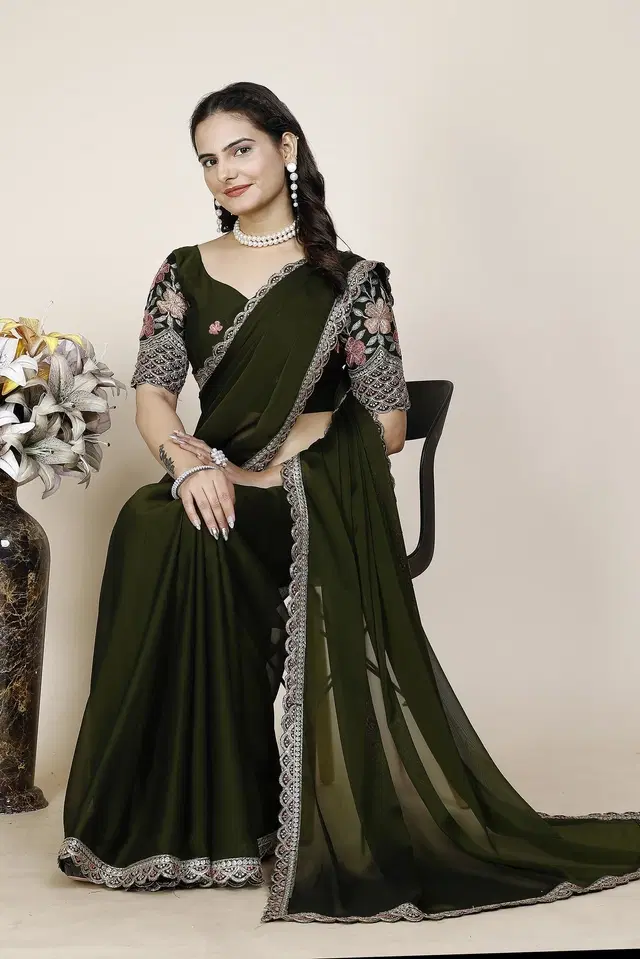 Chiffon Woven Design Saree for Women (Green, 6.3 m)