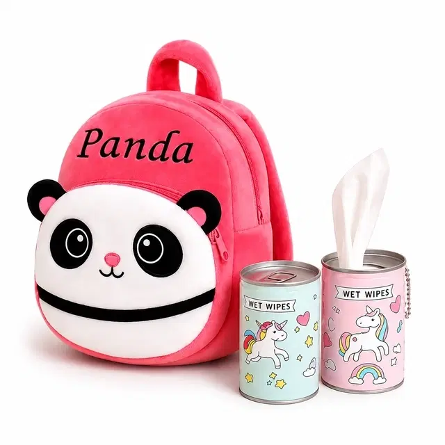 Pink Panda Velvet School Bag with Mini Portable Wet Wipes Tissue Can [Set of 3, Multicolor]