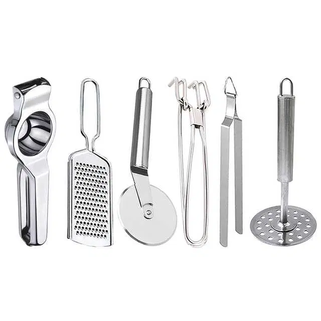 Oc9 Stainless Steel Lemon Squeezer & Cheese Grater & Pizza Cutter & Pakkad & Roti Chimta & Potato Masher Kitchen Tool Set, O-152