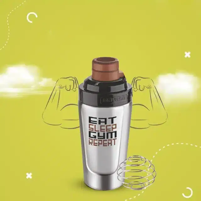 Gym Shaker Bottle for Men & Women, Brown & Silver, 900 ml