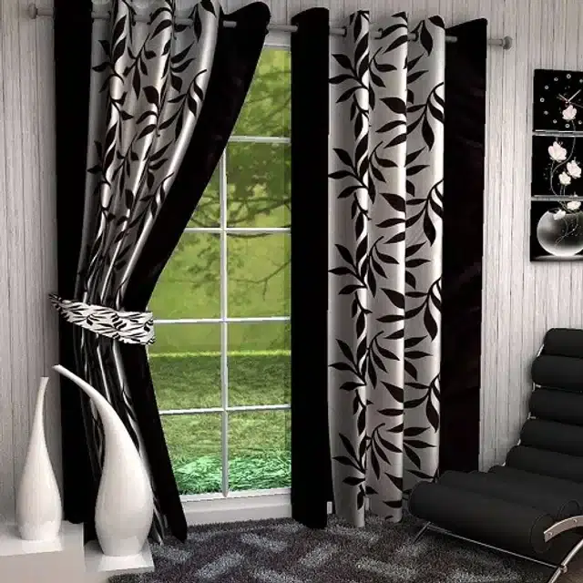 Polyester Printed Door & Window Curtains, Black, 7 feet