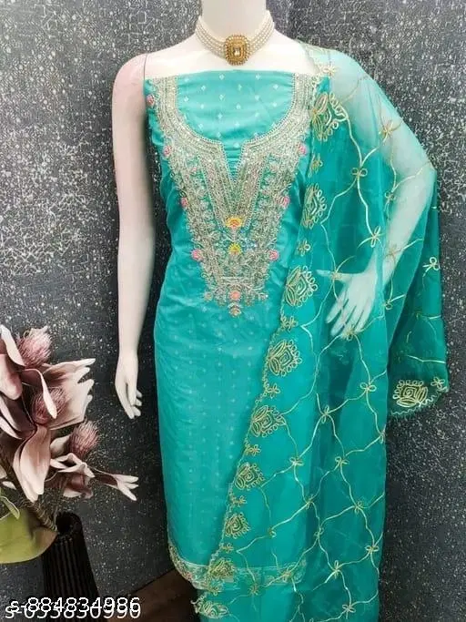 Chanderi Silk Embroidered Punjabi/All Over Suits for Women (Blue, Un Stitched)