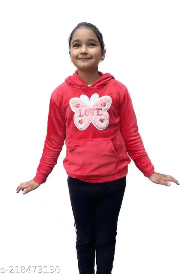 Wool Embroidered Full Sleeves Hooded Sweatshirt for Girls (Coral, 3-4 Years)