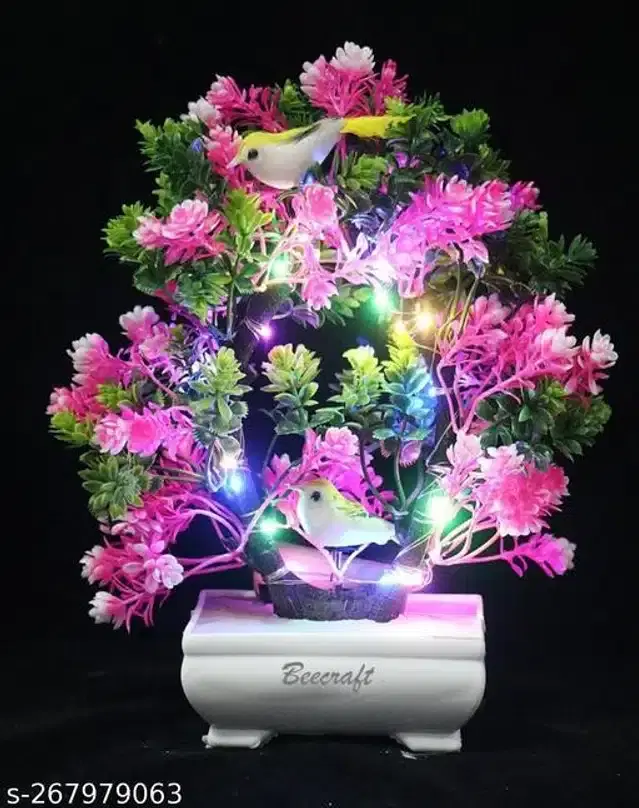 Artificial Bonsai Plant with Pot & Light, Pink & Green, 23 cm