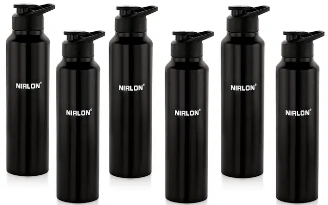 Nirlon Classic Flip Single Wall Stainless Steel Water Bottle 750Ml, Water Bottles For Fridge, School,Gym,Home,Office,Boys, Girls, Kids, Leak Proof(Black Colour|Sipper Cap|Set Of 6)