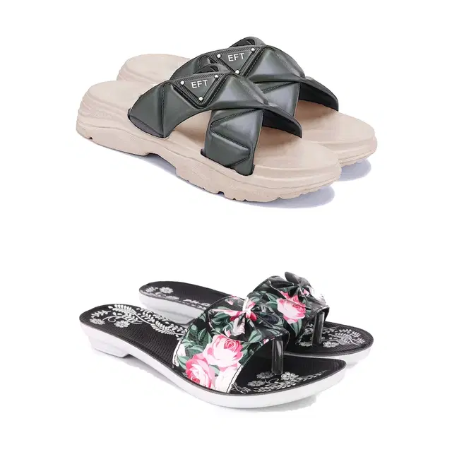 Combo of Sliders & Flats for Women, Set of 2 (Multicolor, 5)
