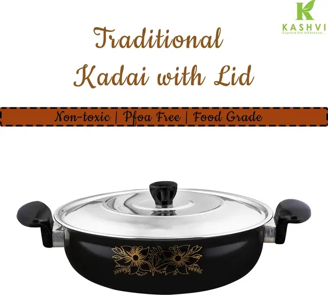 Cast Iron Kadai with Lid, Black & Silver, 28 cm