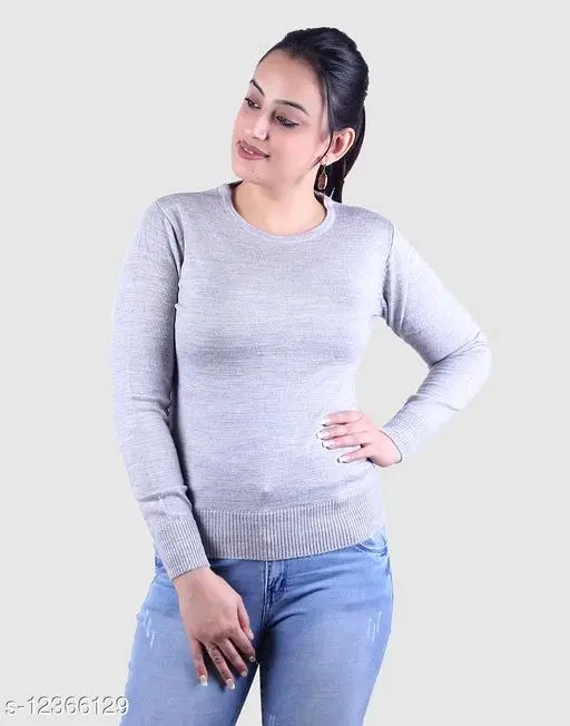 Acrylic Solid Sweater for Women (Grey, M)