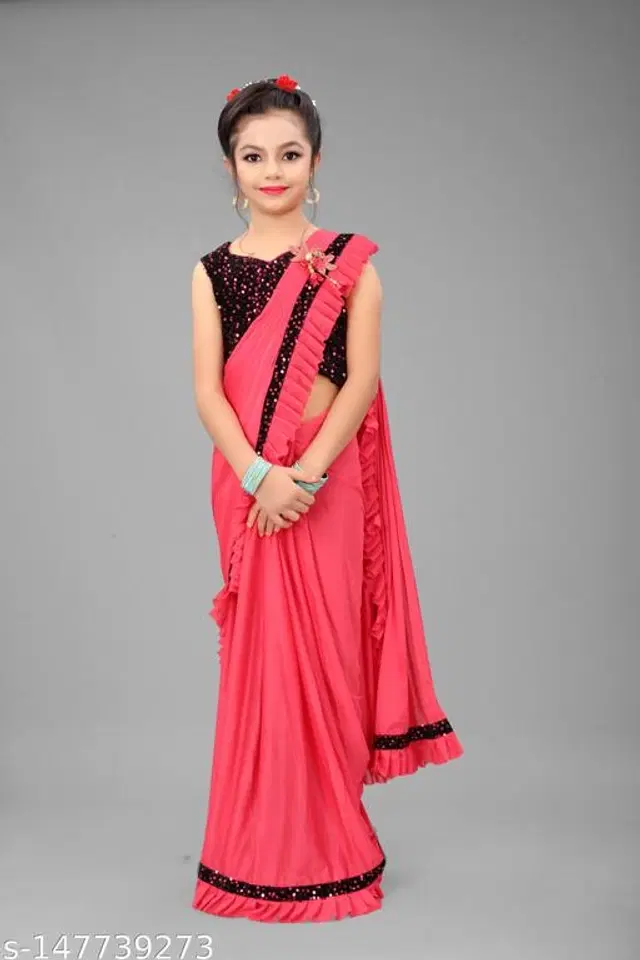 Solid Fancy Saree for Girls with Blouse (Red, 3-4 Years)